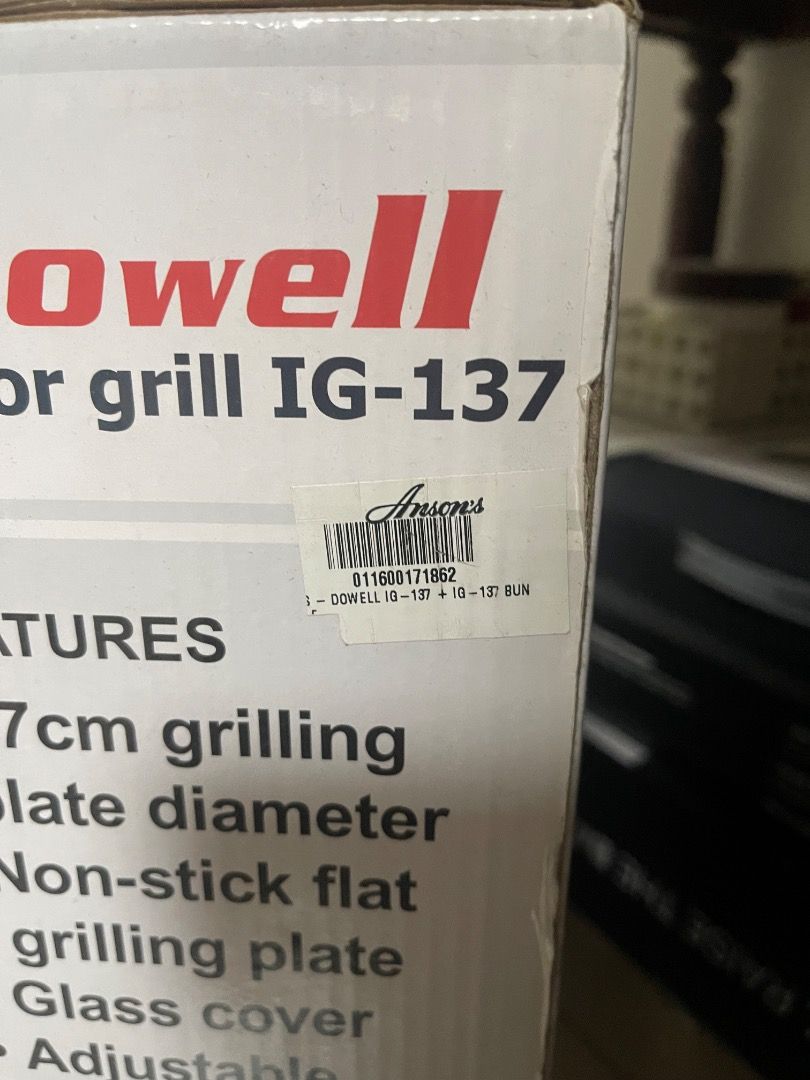 Dowell Indoor Grill IG-137 (Category: BBQ, Grills & Hotpots) located in Subic. Submitted by anything_lovely_under_the_sun (Listing ID 1467756651, Image 3). Description: - Brand new in original box: Dowell Indoor Grill Model IG-137 - Perfect for indoor samgyup, barbecue, and grill nights with minimal smoke - 37cm non-stick flat grilling plate with a clear glass cover - Adjustable temperature control with thermostat and power light indicator - Equi