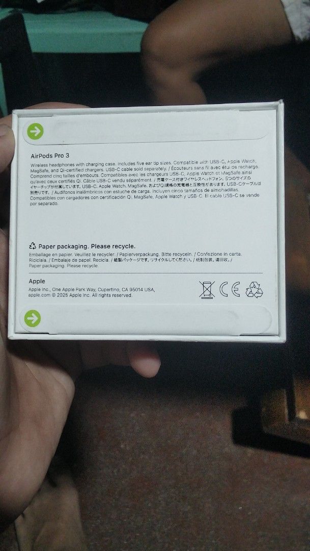 Earpods pro 3 (Category: Earphones) located in Caloocan City. Submitted by gabgabgab123 (Listing ID 1467730024, Image 1). Description: 🎧 AirPods Pro 3 — Brand New Sealed ✨ Features: • Active Noise Cancellation & Transparency Mode • Spatial Audio with Head Tracking • USB-C Charging — works with MagSafe & Qi chargers • Up to 8 hours listening time (ANC ON) • IP57 Dust & Water Resistant • Includes 5 silicone ear tip sizes 📌 100% Original — verify 
