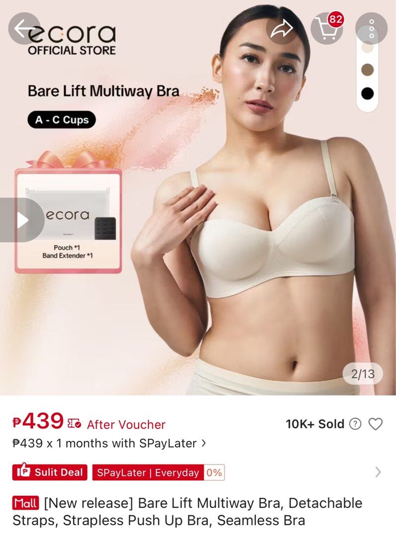 Ecora Bare Lift Multiway Bra Size Small 32A/B (Category: Undergarments & Loungewear) located in Baguio. Submitted by haelie (Listing ID 1467771436, Image 2). Description: - Brand: Ecora Bare Lift Multiway Bra - Size: S (Fits bust 32A/B) - Design: Seamless with push-up padding - Straps: Detachable (multiway styling) - Condition: Brand new with original ziplock packaging bag.