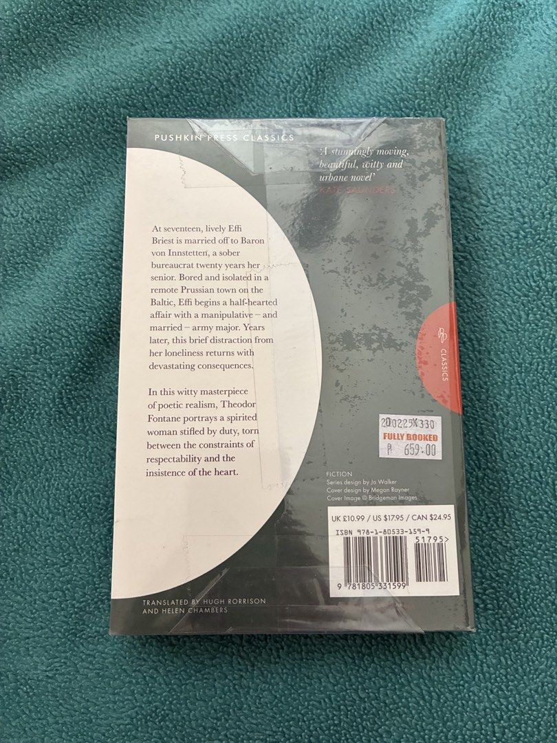 Effi Briest by Theodor Fontane (Pushkin Press Classics) (Category: Storybooks) located in Manila. Submitted by ellacortezzz (Listing ID 1467613430, Image 2). Description: - Title: Effi Briest by Theodor Fontane - Publisher: Pushkin Press Classics - Format: Paperback, brand new and still sealed in original plastic wrap - Translation: Hugh Rorrison and Helen Chambers - Note: Original Philippine bookstore price sticker attached to the back cover - I