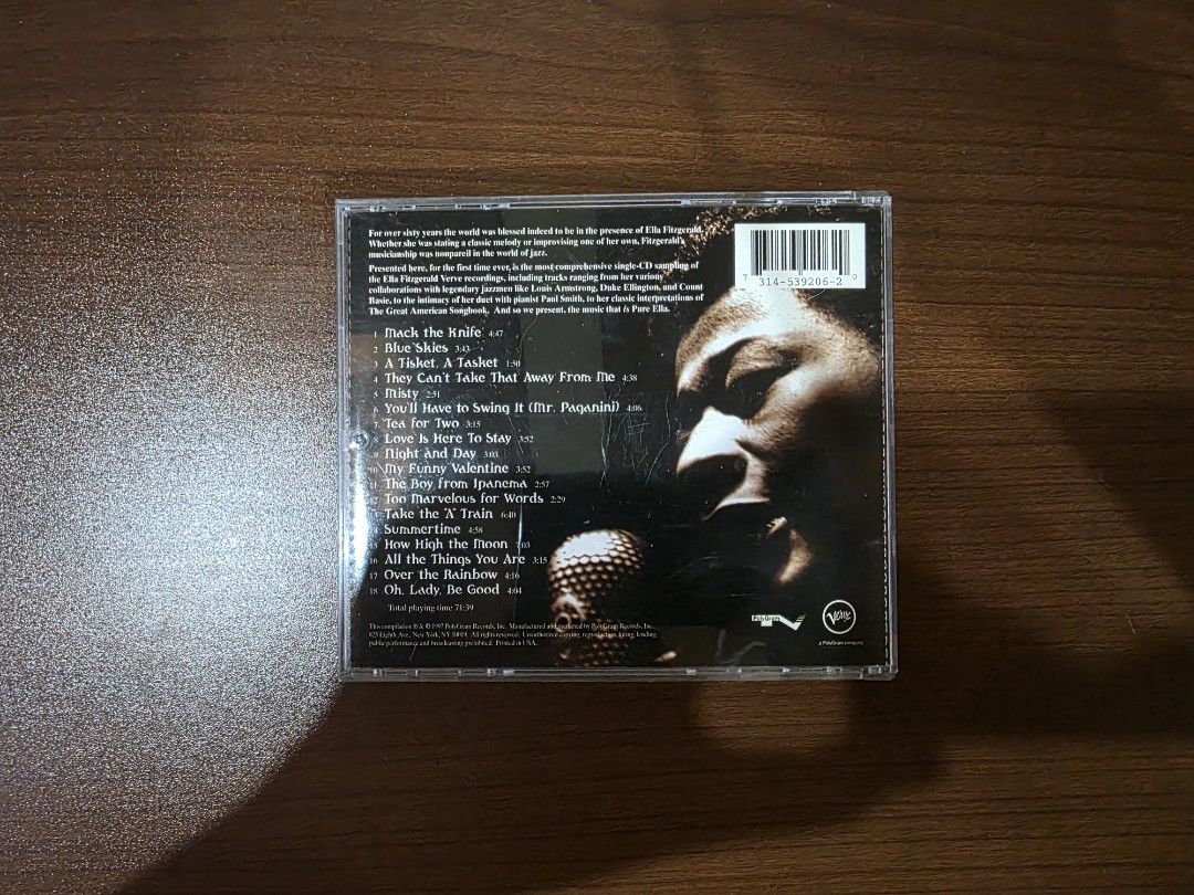 Ella Fitzgerald - Pure Ella (CD) (Category: CDs & DVDs) located in Camalig. Submitted by kyoudayo (Listing ID 1467706587, Image 2). Description: - Title: Ella Fitzgerald - Pure Ella, The Very Best of Ella Fitzgerald - Genre: Classic jazz featuring her iconic vocals - Condition: VG+, some cracks on jewel case - Ideal for: Jazz enthusiasts and physical music collectors.