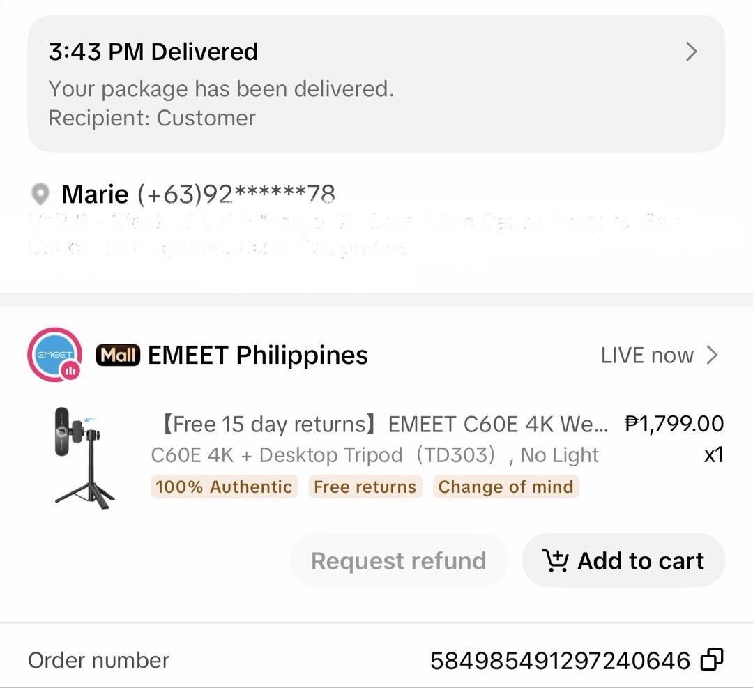 EMEET C60E 4K Webcam With Tripod (Category: Webcams) located in Angono. Submitted by mariefinds (Listing ID 1467739992, Image 3). Description: EMEET C60E 4K Webcam With Tripod Never used but tested - no issues 1000 pesos only! originally bought for 1600+ Rfs: Impulsive purchase. Quality is great but I still prefer my macbook camera ☺️ Location: Angono, Rizal.