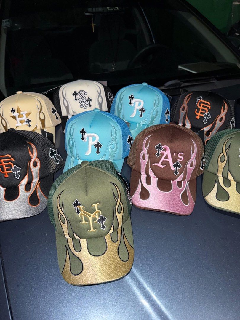 Flame Trucker Hats Multiple Teams and Colors Available (Category: Caps & Hats) located in Mandaluyong City. Submitted by thruftss (Listing ID 1467808186, Image 1). Description: 500 pesos each for these trucker caps.