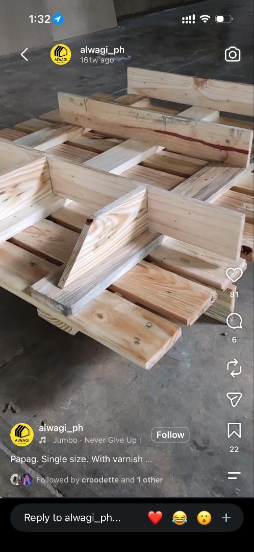Floor Bed Frame (Category: Bed Frames & Mattresses) located in Manila. Submitted by nlooiiss (Listing ID 1467798679, Image 2). Description: Papag bought in alwagi on ig. Size:36*75*5.5 inches Fits double sized bed.