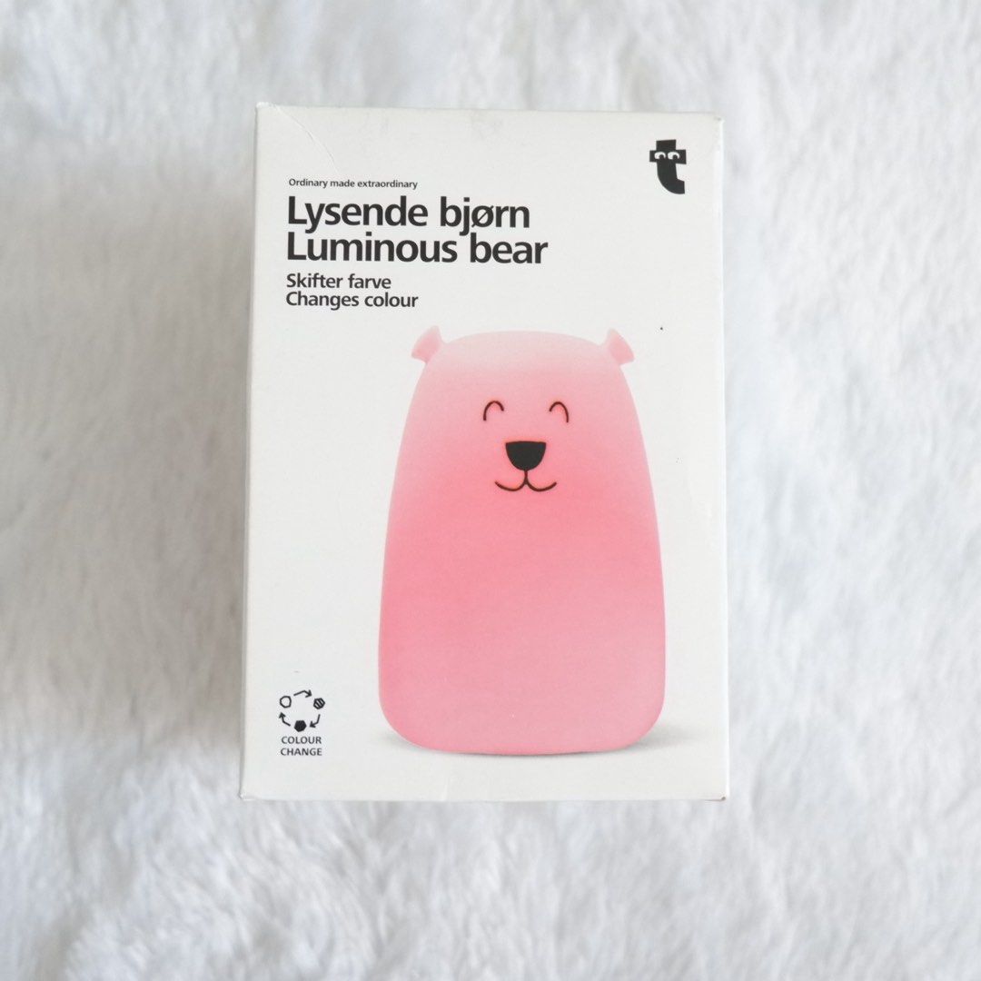 Flying Tiger Lysende Bjørn Luminous Bear Colour Change Night Light (Category: Lighting) located in Las Pinas. Submitted by prettypetite.preloved (Listing ID 1467690550, Image 1). Description: - Color-changing luminous bear night light - Cycles through multiple relaxing colors - Ideal for kids' rooms or bedside tables - Condition: Brand new with original box 📍las piñas (near alabang) 💵 gcash/bpi (payment first) or cash if pick-up 🛵 lalamove/j&t