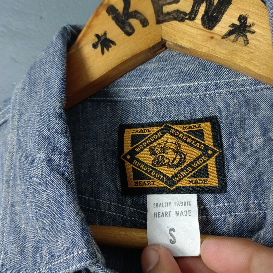 For Men - Bronson MFG - Work Shirt (Category: Tshirts & Polo Shirts ) located in Bacolod City. Submitted by drop.ph (Listing ID 1467784814, Image 3). Description: Bronson - Work Shirt - Heart Made Authentic *Size S - 18.5x26.5 *Excellent cloth *Bleach stain at the back *Price: 680php *Add SF if outside Bacolod City.