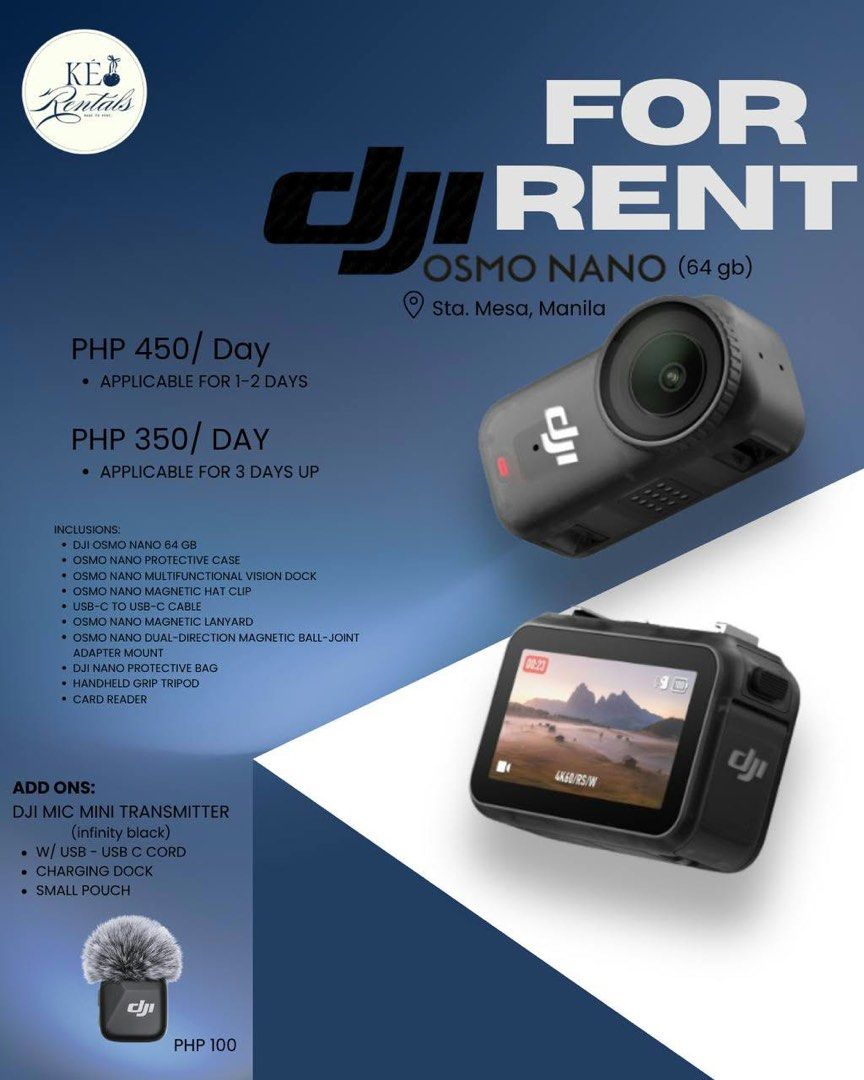 FOR RENT DJI NANO (Category: Cameras) located in Manila. Submitted by vxnclo (Listing ID 1467640024, Image 1). Description: for rent dji nano sta mesa loc.
