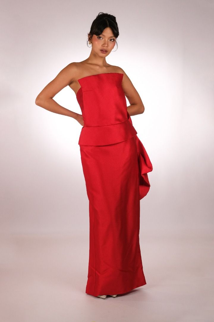 FOR RENT: Marc Rancy Strapless Peplum Maxi Gown (Red), Women's Fashion ...