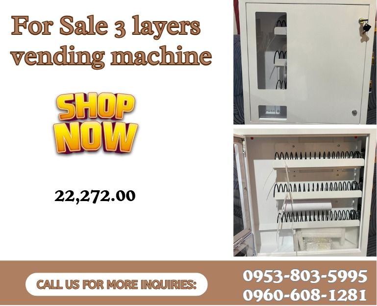 For Sale 3 layers vending machine (Category: Everything Else Others) located in Caloocan City. Submitted by boldhawk_09f8ee (Listing ID 1467696774, Image 1). Description: 1. Machine Size: W52*D12.5*H54cm; N. Weight, 13Kg, and G.Weight:14kg 2. Selections: 3types, column length 370mm 3. Capacity: 8-20pcs of each, total 24-60pcs 4. Coin mech 1-2coins 5. Full mechanical vending machine, 3 columns are worked with 3 coin mechs, only accept coins 7. Sui