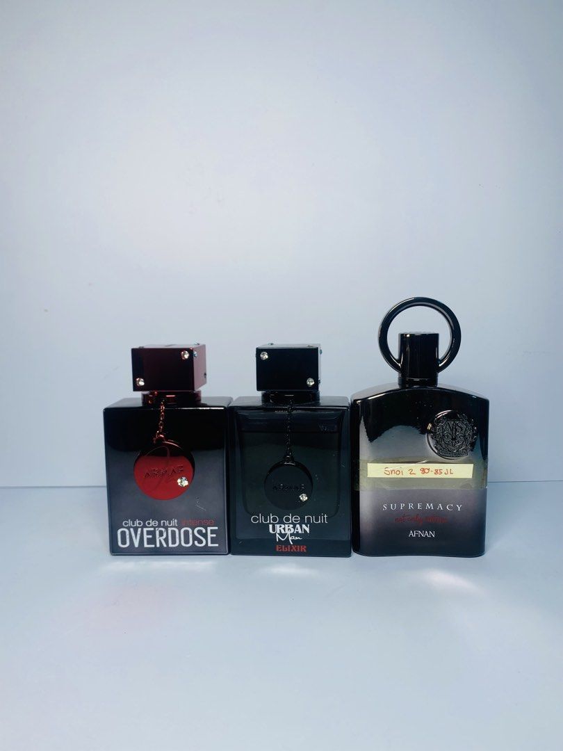 Fragrance Bundle Collection (Category: Fragrance & Deodorants) located in Manila. Submitted by gemwel2k26 (Listing ID 1467646683, Image 3). Description: Variety of popular fragrances including Armaf Club de Nuit Overdose, Urban Man Elixir, Afnan Supremacy Not Only Intense, Rayhaan, Maison Alhambra Mindset, and Lattafa Asad Bourbon. Multiple bottles available across different scent profiles. Great way to sample or expand a collection..
