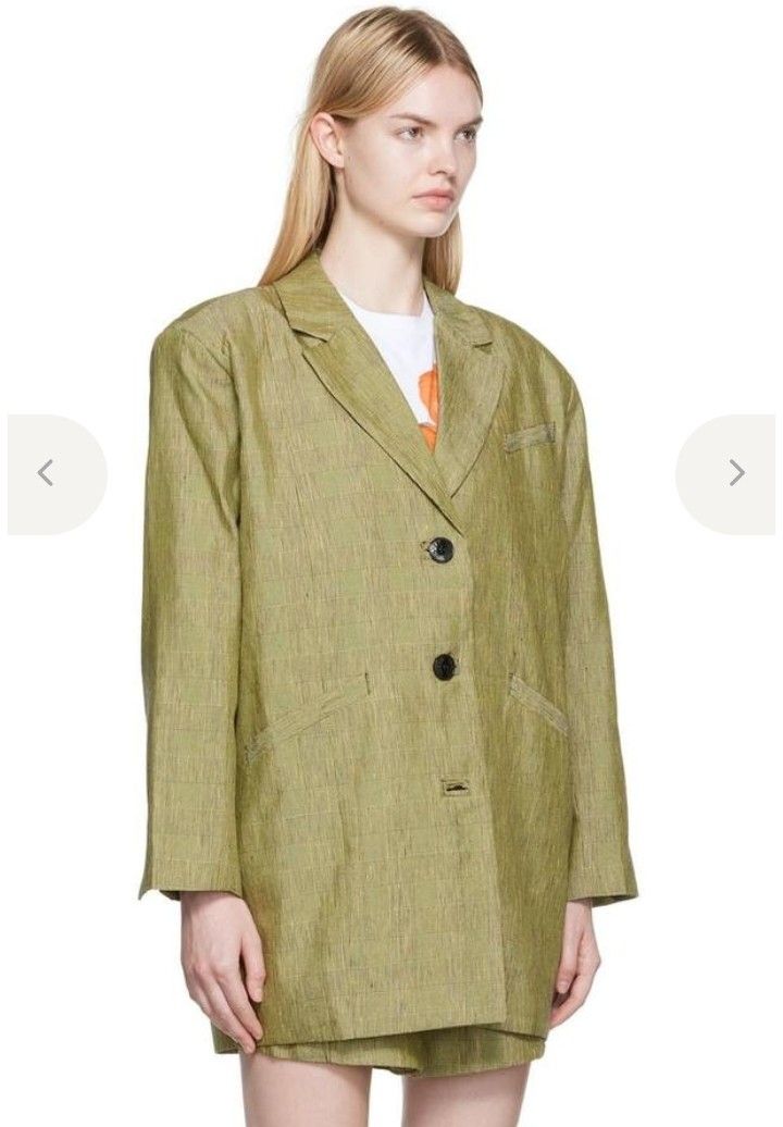 Ganni Slub Check Suiting Blazer (Category: Coats, Jackets and Outerwear) located in Cabanatuan. Submitted by miss.maia (Listing ID 1467789401, Image 3). Description: A model wearing the Ganni Slub Check Suiting Blazer and matching Ganni Yellow Linen Slub Check.