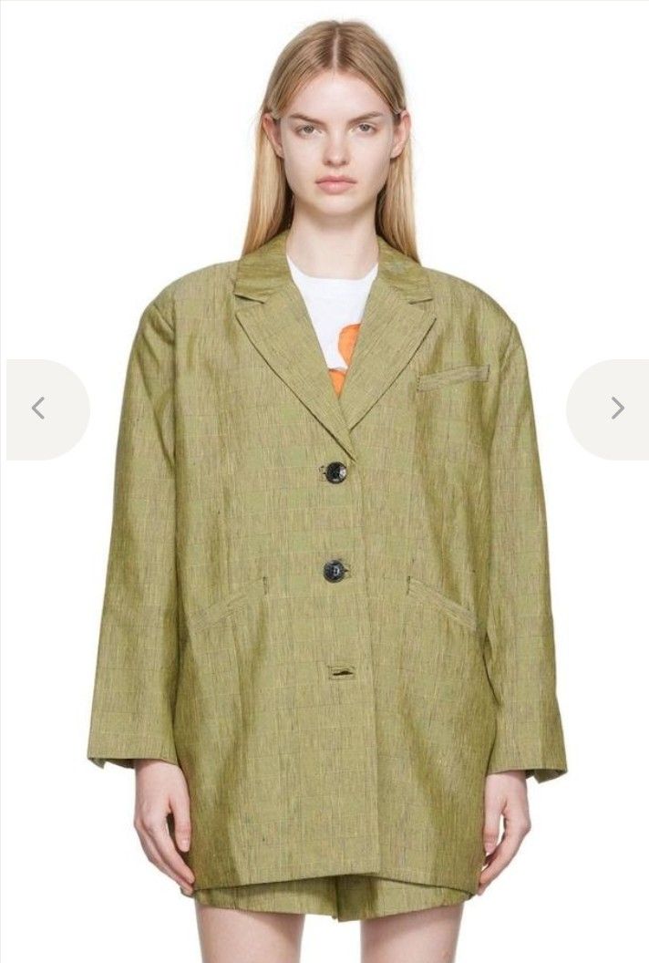 Ganni Slub Check Suiting Blazer (Category: Coats, Jackets and Outerwear) located in Cabanatuan. Submitted by miss.maia (Listing ID 1467789401, Image 2). Description: A model wearing the Ganni Slub Check Suiting Blazer and matching Ganni Yellow Linen Slub Check.