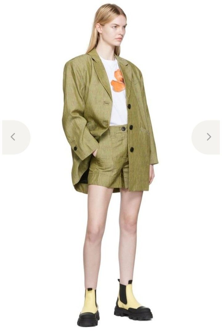 Ganni Slub Check Suiting Blazer (Category: Coats, Jackets and Outerwear) located in Cabanatuan. Submitted by miss.maia (Listing ID 1467789401, Image 1). Description: A model wearing the Ganni Slub Check Suiting Blazer and matching Ganni Yellow Linen Slub Check.