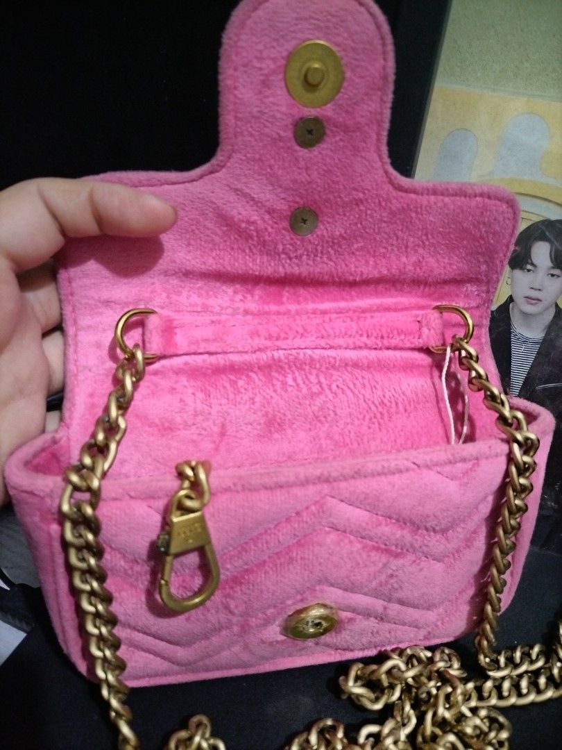 Gg Marmont pink bag (Category: Shoulder Bags) located in Valenzuela. Submitted by nurzdara28 (Listing ID 1467613504, Image 3). Description: Pink velvet or shearling GG Marmont shoulder bag with gold-tone hardware. Preloved. Lalamove ready..