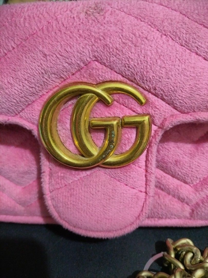 Gg Marmont pink bag (Category: Shoulder Bags) located in Valenzuela. Submitted by nurzdara28 (Listing ID 1467613504, Image 2). Description: Pink velvet or shearling GG Marmont shoulder bag with gold-tone hardware. Preloved. Lalamove ready..