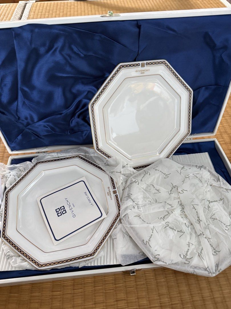 Givenchy La Porcelaine Octagonal Porcelain Plate Set (Category: Dinnerware & Cutlery) located in Manila. Submitted by preciousma24494 (Listing ID 1467674531, Image 1). Description: - Brand: Givenchy La Porcelaine (crafted by Yamaka) - Design: Elegant octagonal white porcelain with gold trim and blue geometric border - Condition: Brand new, never used, pristine condition - Inclusions: Original presentation box with luxurious blue satin lining and 