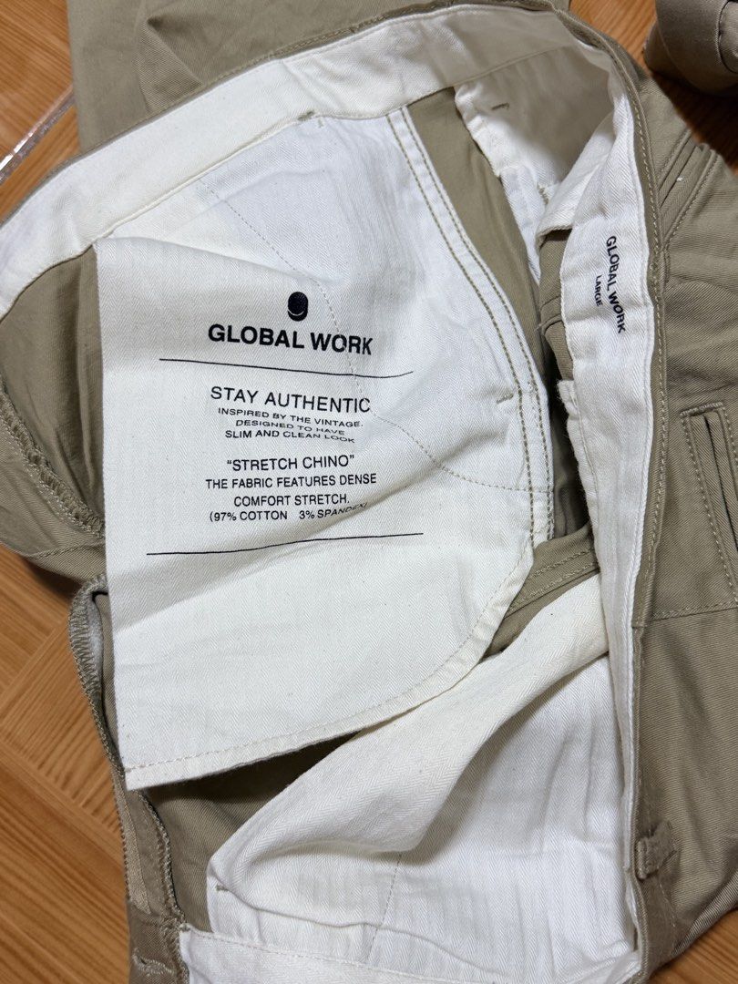 Global Work Stretch Chino Khaki Pants Large (Category: Chinos) located in Paete. Submitted by skydruemadison (Listing ID 1467745210, Image 3). Description: - Brand/Model: Global Work stretch chino pants - Color: Khaki - Size: Large - Material: 97% cotton, 3% spandex - Fit: Clean slim look with dense comfort stretch fabric - Details: Button closure with functional front and back pockets.