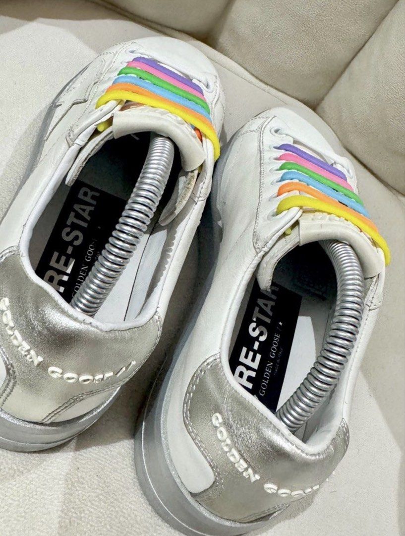 GOLDEN GOOSE PURE SNEAKERS (Category: Sneakers & Footwear) located in Rizal. Submitted by caintarizal2024 (Listing ID 1467701682, Image 2). Description: FOR SALE: GOLDEN GOOSE PURE SNEAKERS 🤍 🌈 White & Silver with Colorful Rainbow Laces Stylish designer sneakers that add a fun pop of color to your everyday outfits! Perfect for casual wear, travel, and street-style looks. ✨ DETAILS: Brand: Golden Goose Color: White / Silver with Rainbow Laces Si