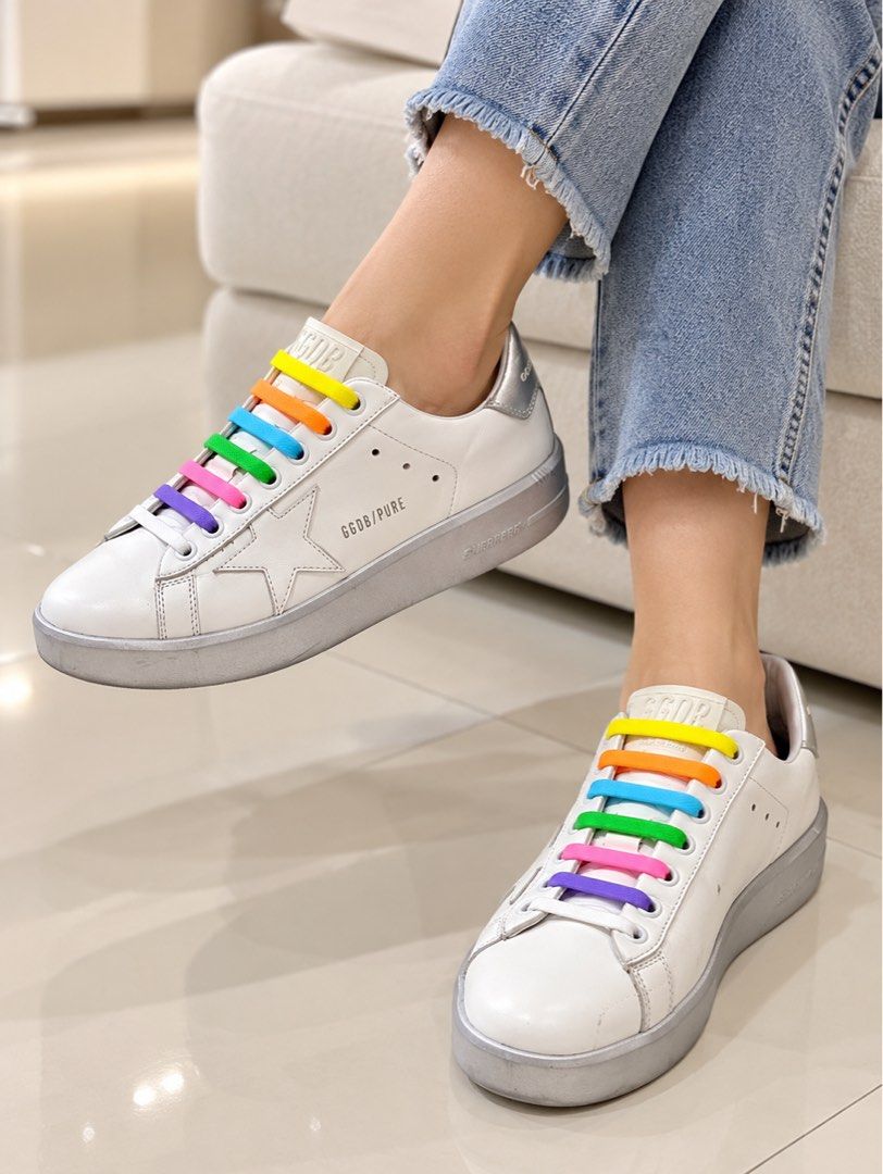 GOLDEN GOOSE PURE SNEAKERS (Category: Sneakers & Footwear) located in Rizal. Submitted by caintarizal2024 (Listing ID 1467701682, Image 1). Description: FOR SALE: GOLDEN GOOSE PURE SNEAKERS 🤍 🌈 White & Silver with Colorful Rainbow Laces Stylish designer sneakers that add a fun pop of color to your everyday outfits! Perfect for casual wear, travel, and street-style looks. ✨ DETAILS: Brand: Golden Goose Color: White / Silver with Rainbow Laces Si