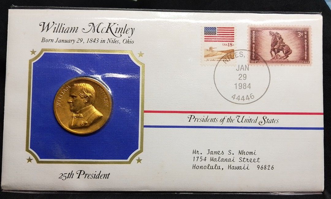 Gold-plated Presidential medal (Category: Announcements) located in Quezon City. Submitted by coinsandbanknotes (Listing ID 1467683127, Image 3). Description: first-day or commemorative postal cover featuring a gold-plated presidential medal, U.S. postage stamps, and a cancellation stamp 1500 each 2500 take all( 2).