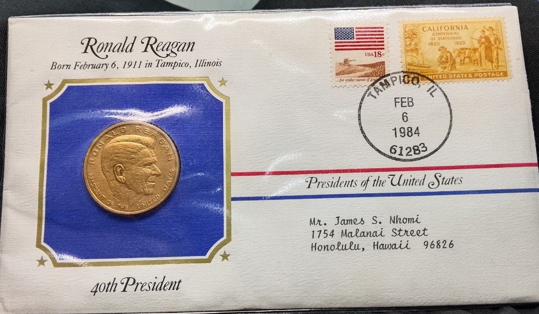 Gold-plated Presidential medal (Category: Announcements) located in Quezon City. Submitted by coinsandbanknotes (Listing ID 1467683127, Image 1). Description: first-day or commemorative postal cover featuring a gold-plated presidential medal, U.S. postage stamps, and a cancellation stamp 1500 each 2500 take all( 2).