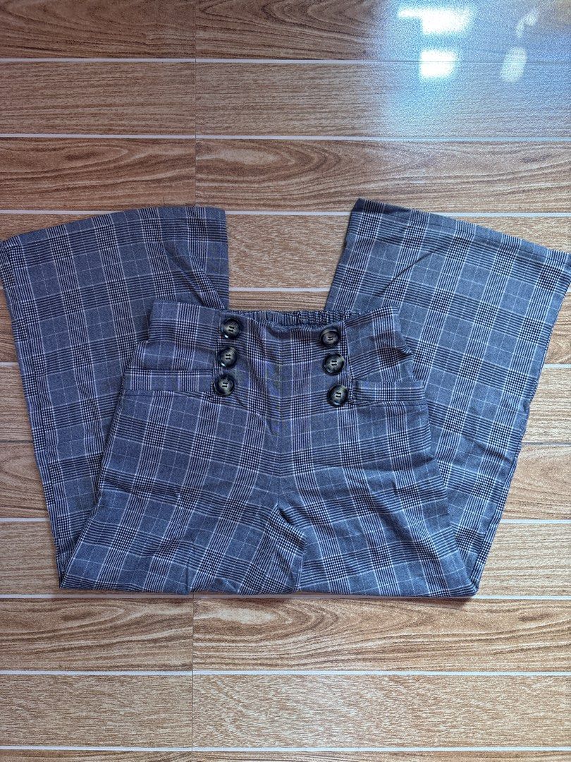Grey Plaid Wide Leg Pants (Category: Other Bottoms) located in Manila. Submitted by _foryou (Listing ID 1467666559, Image 1). Description: - Brand/Style: Max grey plaid/tartan wide leg pants - Size: UK 8 / EUR 36 - Waist: High-waisted with a comfy elastic back - Details: Chic decorative black buttons on both sides - Versatility: Easy to dress up for the office or down for casual weekends.
