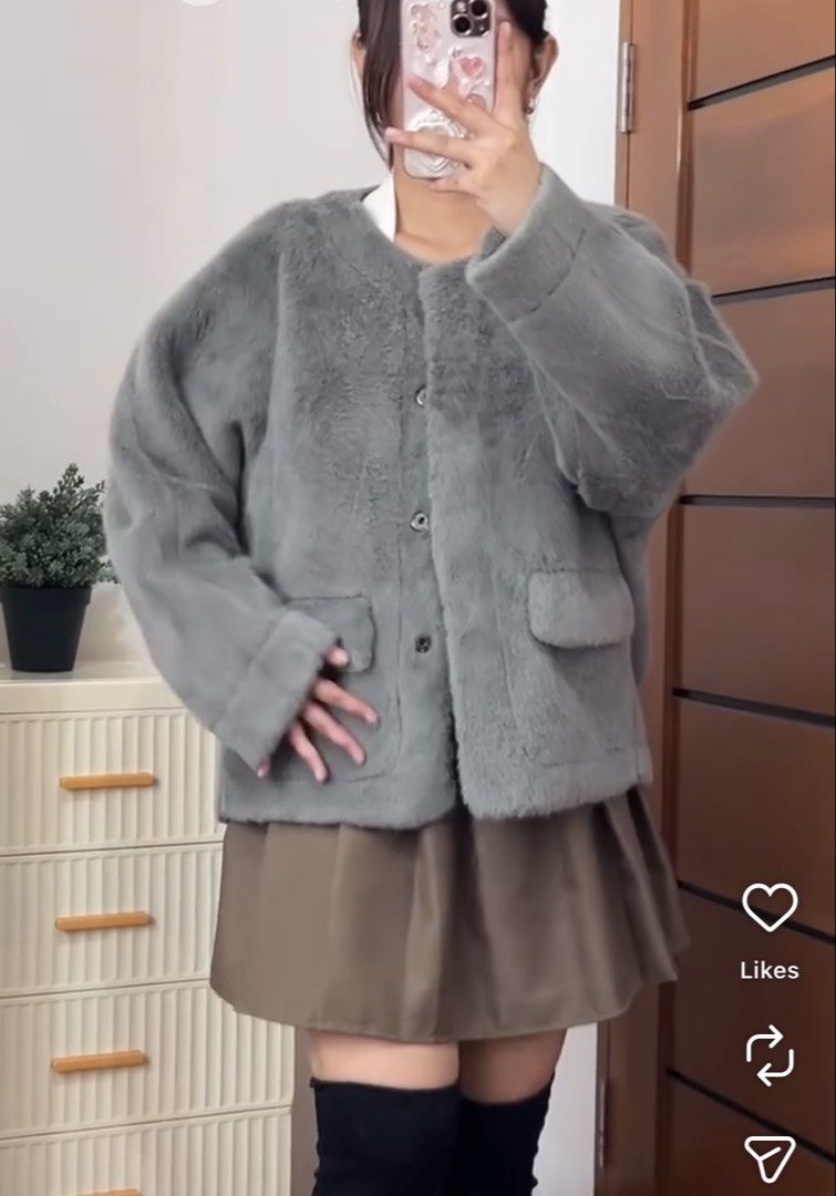Greyish Soft Fur Coat for Winter (Category: Coats, Jackets and Outerwear) located in Manila. Submitted by eltums (Listing ID 1467693564, Image 1). Description: Soft fur winter jacket Good as new Only worn once Best fits L TO XL.