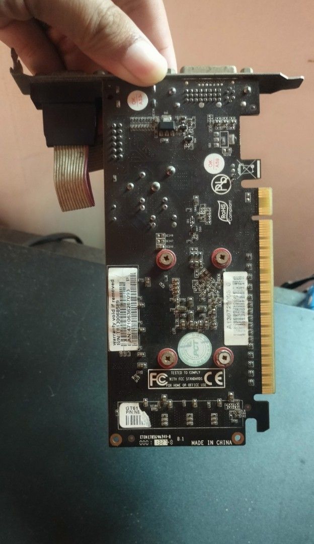 Palit GT 610 GPU Graphics Card (Category: Computer Parts) located in Caloocan City. Submitted by dnryn040 (Listing ID 1467674516, Image 2). Description: ✅ 100% Working - Tested with display ✅ Fan working / No overheat ✅ All ports working - VGA, HDMI, DVI Specs: Model: GT610 2GB DDR3 Interface: PCI-E Memory: 2GB DDR3 64bit Ports: VGA + HDMI + DVI-D Low profile - kasya sa small case .