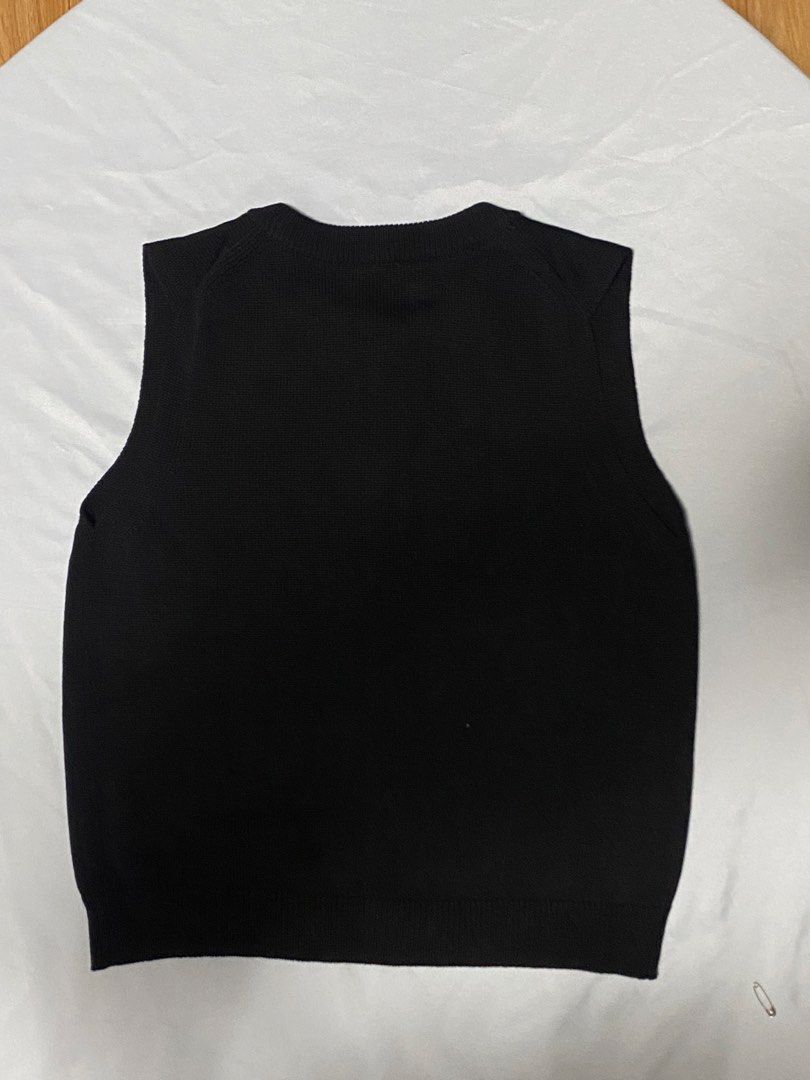 GU Black Knit Button Up Vest Size M (Category: Sleeveless) located in Paranaque City. Submitted by pomeloluvr (Listing ID 1467678678, Image 2). Description: - Brand: GU - Style: Black knit button-up vest - Size: M (tag attached) - Material: 65% polyester, 30% rayon, 5% nylon - Details: Marbled front buttons, ribbed crewneck hem - Condition: Clean, brand new with tag.