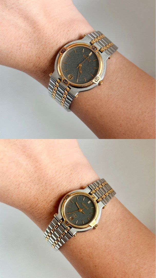 Gucci 9000M 9000L (Category: Men's Watches) located in Manila. Submitted by vibeandvintage (Listing ID 1467777057, Image 2). Description: ⌚️ Gucci 9000L and Gucci 9000M •His and Hers •Quartz movement •Dark grey textured dial •Two-tone stainless steel and gold-tone •25mm case diameter for women’s and 32mm for men’s (excluding crown) •Men’s - up to 7.2 inches wrist size •Women’s - up to 6.3 inches wrist size •Original watch head and bracelet •With 