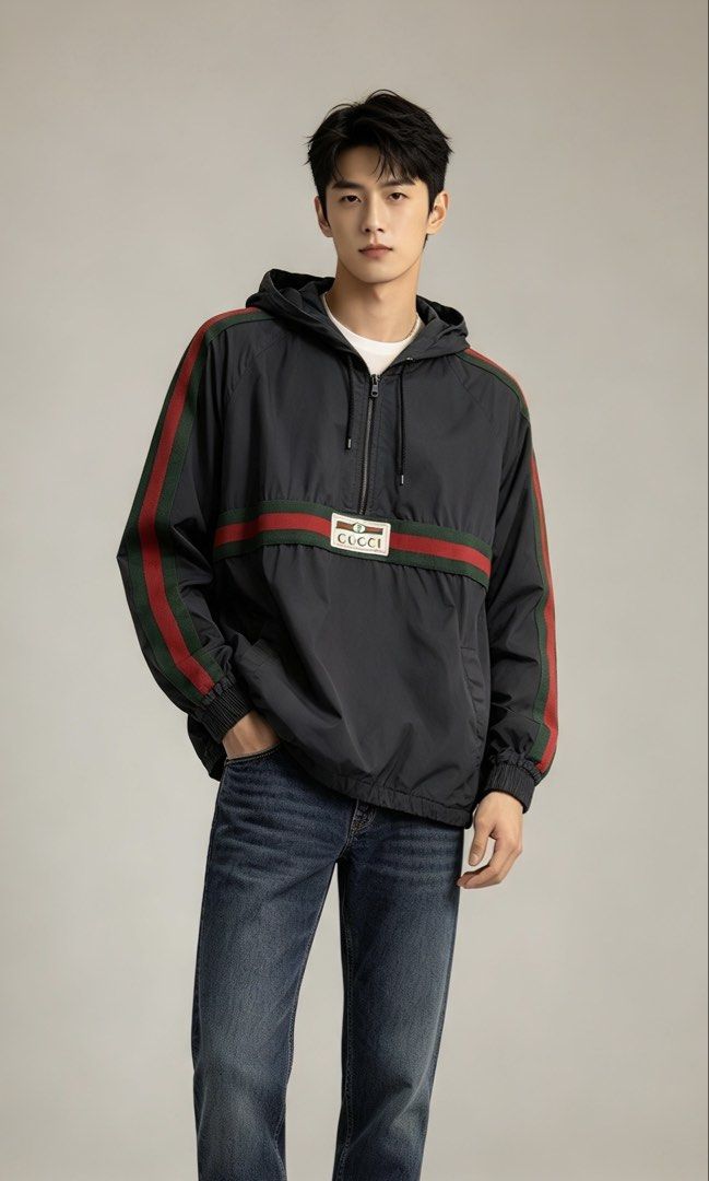 Gucci Hooded Anorak Jacket Black Size 46 (Category: Coats, Jackets and Outerwear) located in Paranaque City. Submitted by mykapoynton (Listing ID 1467807233, Image 1). Description: Gucci Hooded Anorak Jacket Black Size 46 -Black Gucci anorak jacket with the signature green and red web stripe across the chest and sleeves. -Zip-up front with an adjustable hood and front pockets. -Made in Italy, 100% cotton material. Size 46, fits true to standard s