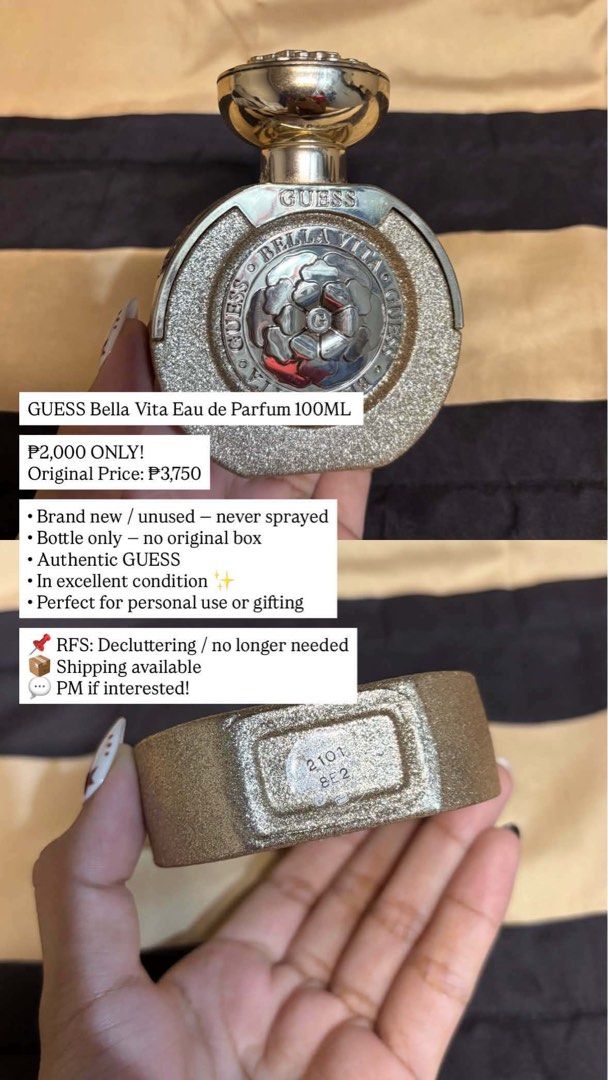 GUESS Bella Vita Eau de Parfum 100ML (Category: Fragrance & Deodorants) located in Pasay City. Submitted by faye_xoxo (Listing ID 1467734937, Image 1). Description: - GUESS Bella Vita Fragrance - 100ML (Bottle only, no original box) - Brand new (never sprayed) - ₱2,000 (Original Retail: ₱3,750) - Price is negotiable, RFS: need funds for my lolaaa.