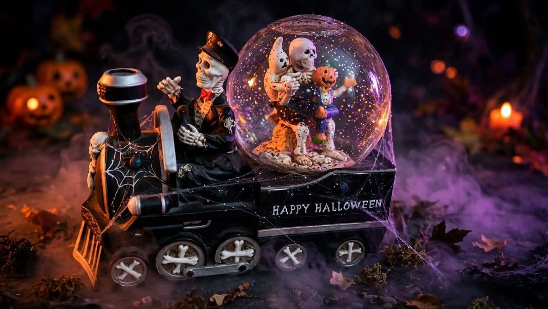 Halloween Skeleton Train Snow Globe Spooky Table Decor (Category: Vintage Collectibles) located in General Trias. Submitted by dwyane09 (Listing ID 1467630026, Image 2). Description: - Spooky Halloween train centerpiece featuring a skeleton conductor - Passenger car includes a snow globe with floating flakes, skeleton figures, and a ghost - Unique bone-patterned wheels and 'HAPPY HALLOWEEN' side text in a sleek black finish -Perfect fun decor for