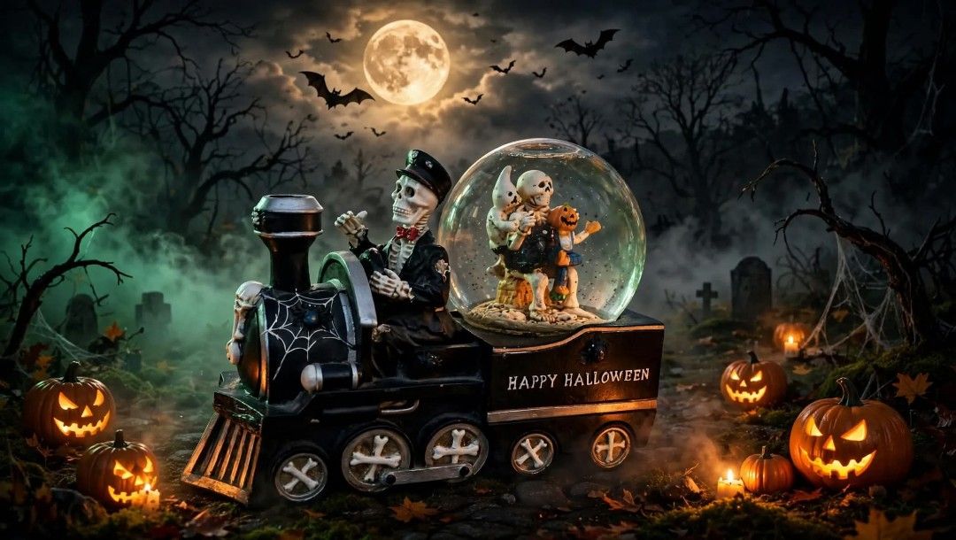 Halloween Skeleton Train Snow Globe Spooky Table Decor (Category: Vintage Collectibles) located in General Trias. Submitted by dwyane09 (Listing ID 1467630026, Image 1). Description: - Spooky Halloween train centerpiece featuring a skeleton conductor - Passenger car includes a snow globe with floating flakes, skeleton figures, and a ghost - Unique bone-patterned wheels and 'HAPPY HALLOWEEN' side text in a sleek black finish -Perfect fun decor for