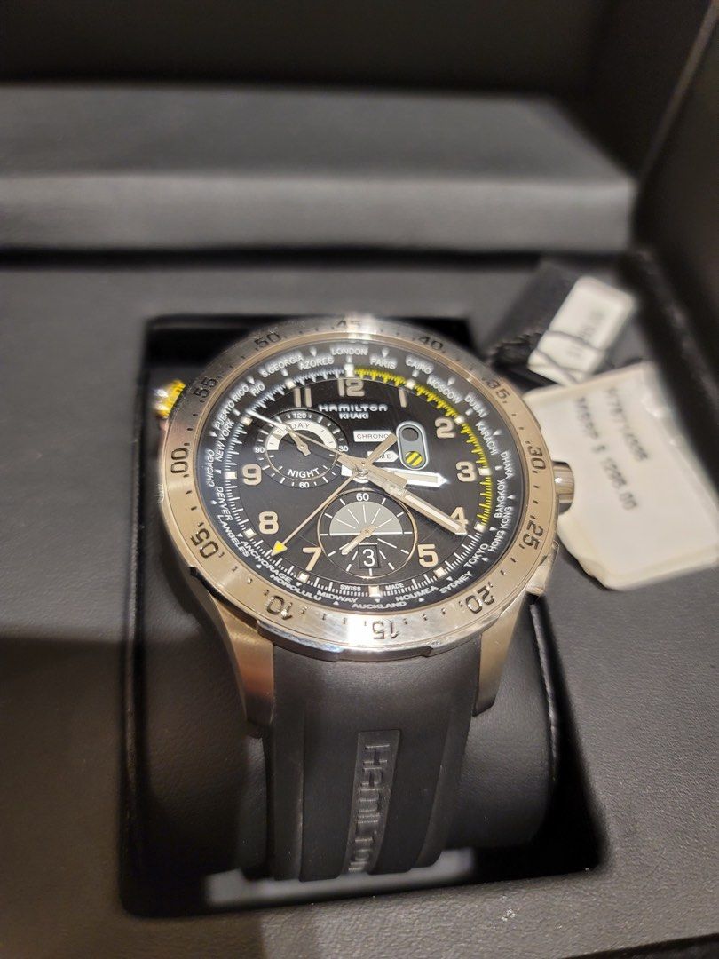 Hamilton Khaki Aviation Chrono Worldtimer (Category: Luxury Watches) located in Paranaque City. Submitted by johnrramirez88 (Listing ID 1467790304, Image 1). Description: Brand Hamilton Reference No. H76714335 Watch style classic / elegant Gender gents Movement Quartz (battery) Swiss Made Yes Water resistance 100m Case shape Round Case diameter 45mm Case material Stainless steel Dial Black Glass Sapphire Strap Rubber Strap colour Black Clasp type