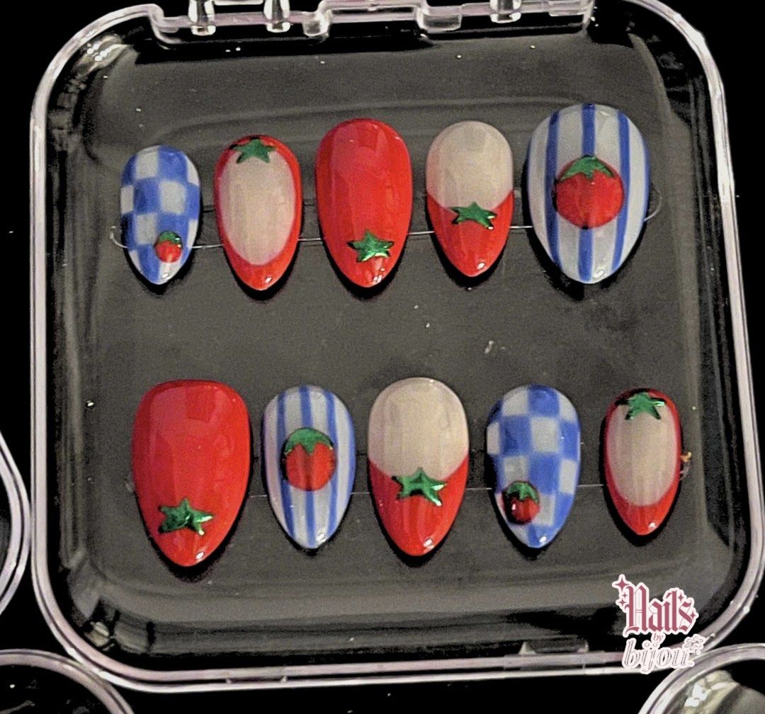 Handmade Press-On Nails (Red, Tomatos, Blue) (Category: Hands & Nails) located in Manila. Submitted by maxinenodalo (Listing ID 1467604727, Image 1). Description: ༄ ₱209 ༄ size, length, shape: small, medium, almond ༄ all details are handmade! ༄ comes with complete inclusions and reusable case follow us on rainbow app @nails.bybijou for customs and appointments!.