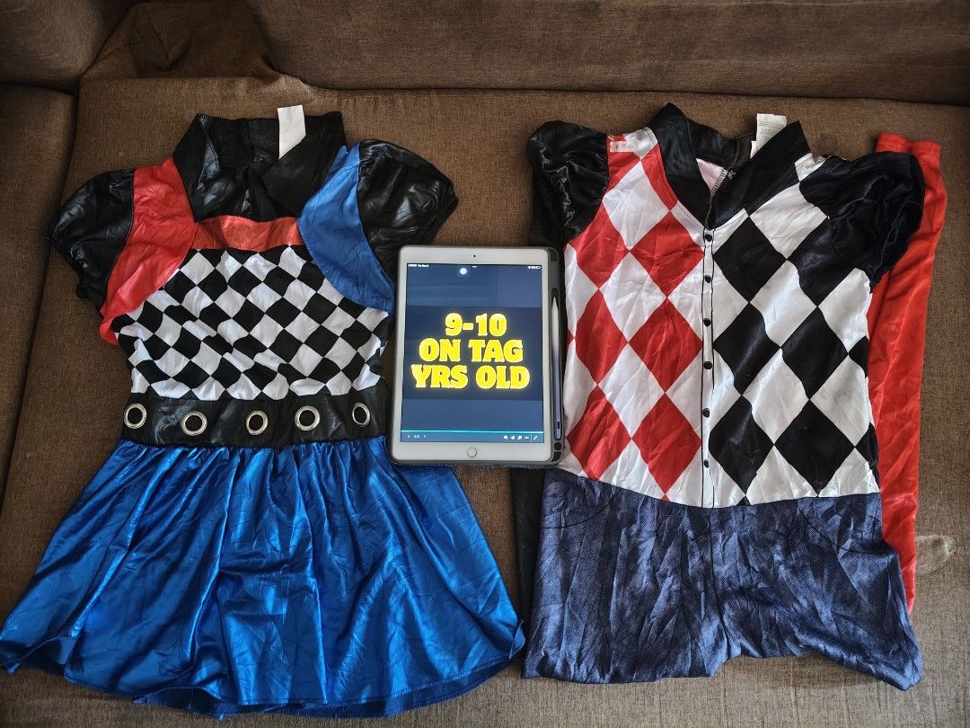 Harley Quinn costume (Category: Babies & Kids Fashion) located in Cavite. Submitted by nobledeer_10a275_598 (Listing ID 1467675386, Image 1). Description: - Set of 2 unique dress-up costumes for kids (Size: 9-10 years) - Costume 1: Black, red, blue, and white checker pattern dress complete with a grommet belt and shiny blue skirt - Costume 2: Harlequin diamond pattern top with black and white checks, paired with matching pants and red leggings - 