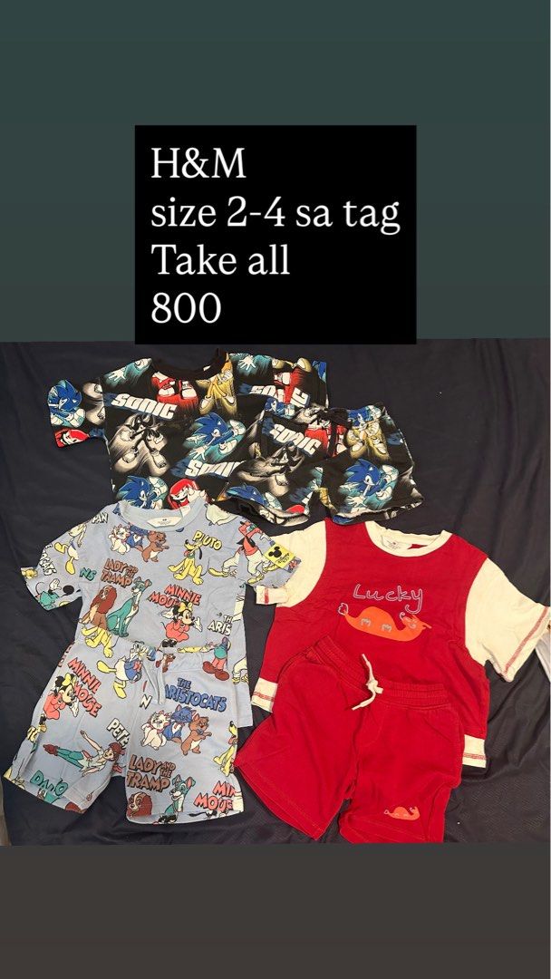 H&M Kids Clothing Sets Take All (Category: Babies & Kids Fashion) located in Makati City. Submitted by Cole19 (Listing ID 1467616994, Image 1). Description: Preloved branded kid boy clothes well used some has paints but not noticeable since it’s printed. negotiable for those who want it. .
