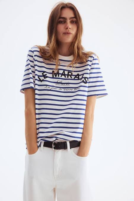 H&M Le Marais Paris blue white striped cotton round neck basic oversized top (Category: Shirts) located in Makati City. Submitted by closetsquad (Listing ID 1467794896, Image 2). Description: ☀️BRAND NEW! Never worn! 🏝️Measurements posted; NO when worn 🪸Discounts if buying 2 or more items! 🧜🏻‍♀️RFS: Wrong size; Need funds for my cat 🌺 NO returns/NO refunds/NO swaps 💸 MOP: BPI/GCASH only 🚚 SF: 95 MM/120 GMM & LUZ/150 VISMIN 🛵 NO picking of