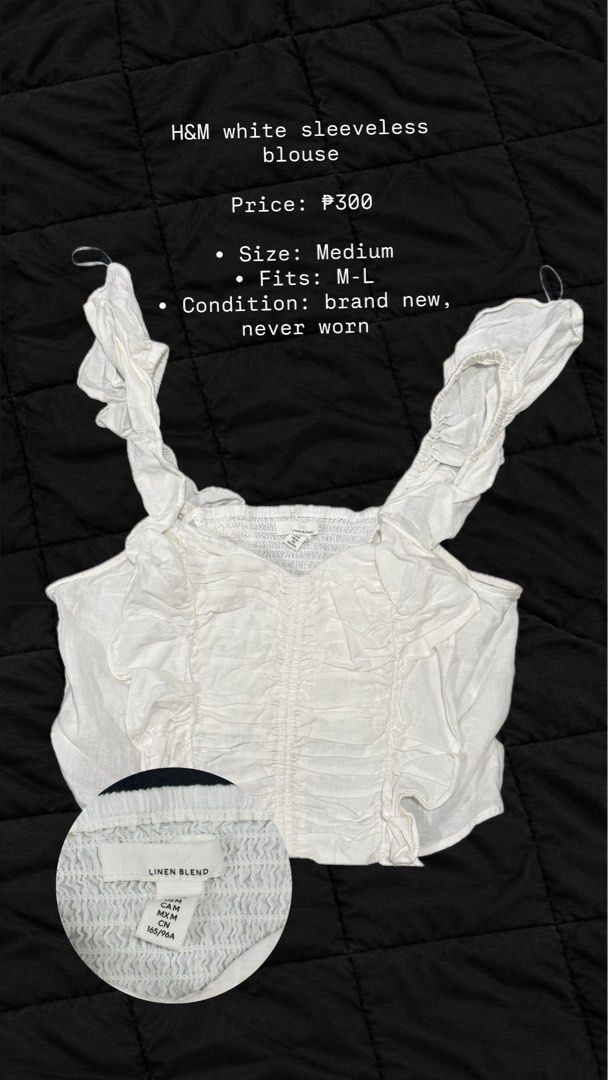 H&M white sleeveless linen blend blouse ruffle straps medium (Category: Sleeveless) located in Las Pinas. Submitted by prelovedgoodiesph (Listing ID 1467724310, Image 1). Description: - Brand: H&M - Color: White - Size: Medium (comfortably fits M to L) - Material: Linen blend - Condition: Brand new with tag, never worn - Details: Ruffled shoulder straps, smocked back design, and ruffle details along the front opening.