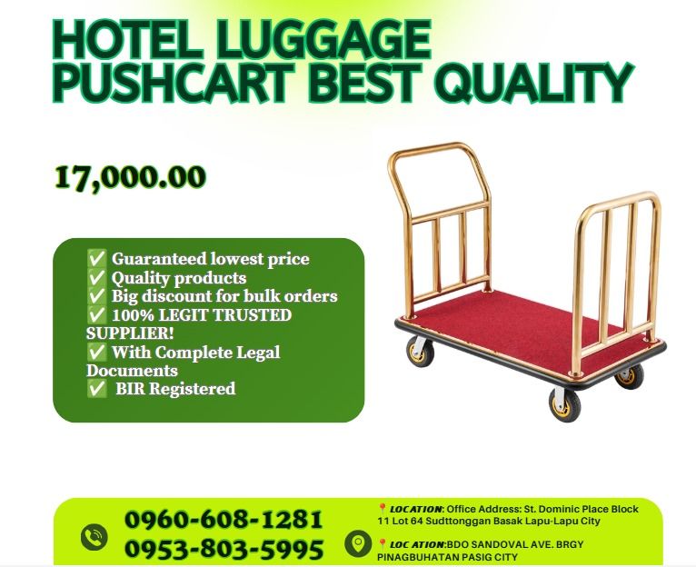Hotel luggage PUSHcart BEST QUALITY (Category: Home Improvement Tools & Accessories) located in Caloocan City. Submitted by 09051674995 (Listing ID 1467694514, Image 1). Description: ✨ Load Capacity: 27 kg ✨ Material: 201 Stainless Steel ✨ Size: 108 × 65 × 103 cm ✨ Available Colors: • Silver + Red • Gold + Red • Silver + Black • Gold + Black ✨ Durable and practical design, ideal for hotels, airports, resorts, malls, and commercial establishments.