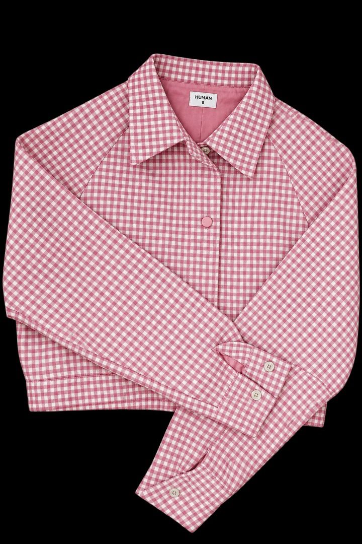HUMAN Pink Gingham Check Cropped Jacket (autumn jacket) (Category: Coats, Jackets and Outerwear) located in Quezon City. Submitted by pyress (Listing ID 1467638543, Image 1). Description: - Brand: HUMAN - Style: Pink and white gingham cropped jacket - Size: Tagged size 8 - Details: Button-up front, classic lapel collar, long sleeves - Lining: Fully lined with matching dusty rose fabric - Condition: Clean inside and out, excellent ready-to-wear co