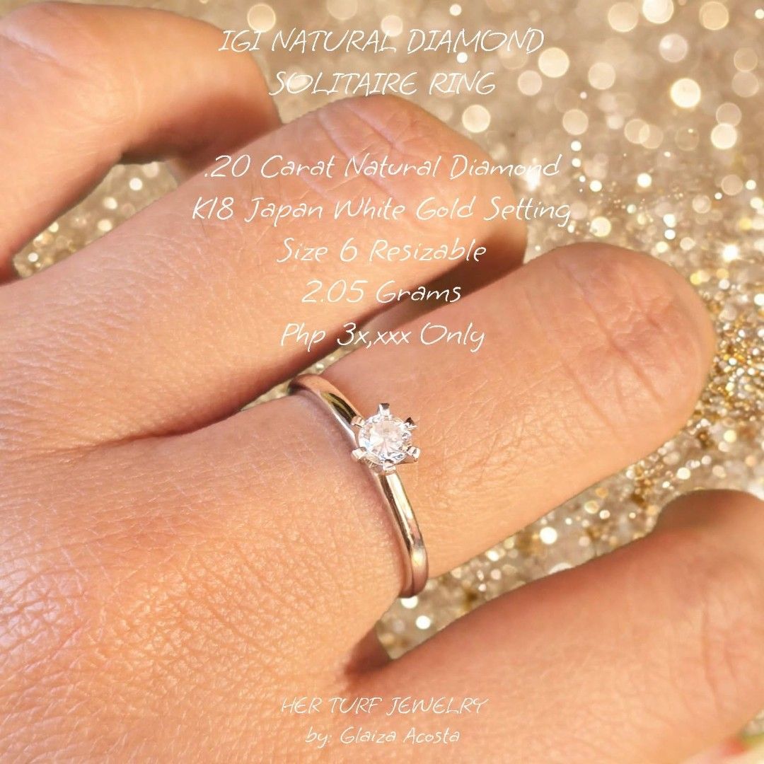 IGI NATURAL DIAMOND SOLITAIRE RING (Category: Rings) located in Quezon City. Submitted by her_turf (Listing ID 1467721855, Image 1). Description: - IGI Certified Natural Diamond Solitaire Ring - Center Stone: 0.20 carat Round Brilliant Diamond (F-G Color, I1 Clarity) - Setting: 18K White Gold (Total Weight: 2.05 grams) - Ring Size: Size 6 (Resizable) - Inclusions: Official IGI Jewelry Report - Shipping: Insured via LBC or Lalamove - Meet-up: Came