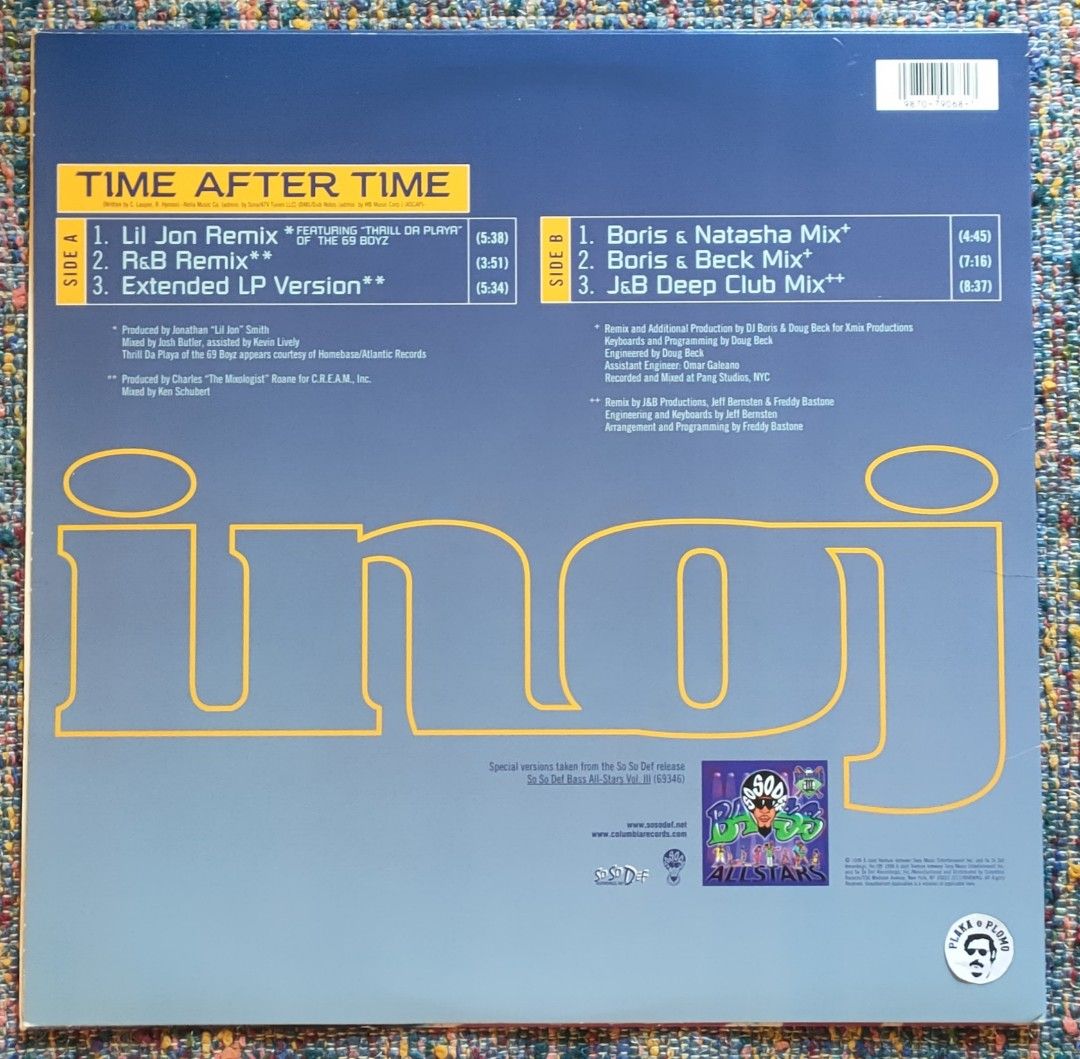 Inoj - Time After Time 12" Vinyl Record (Category: Vinyls) located in Quezon City. Submitted by plaka.o.plomo (Listing ID 1467670534, Image 2). Description: Artist(s) : Inoj Song(s) : Time After Time Year : 1998 Media : VG+ Color : Black Sleeve : VG+ No. : 1x Vinyl Size : 12" RPM : 33 Country : US Catalog No. : 44 79068 Tracklist : - Side A 1. Time After Time (Lil Jon Remix featuring "Thrill Da Playa" of the 69 Boyz) 5:38 2. Time After Time (R&B 