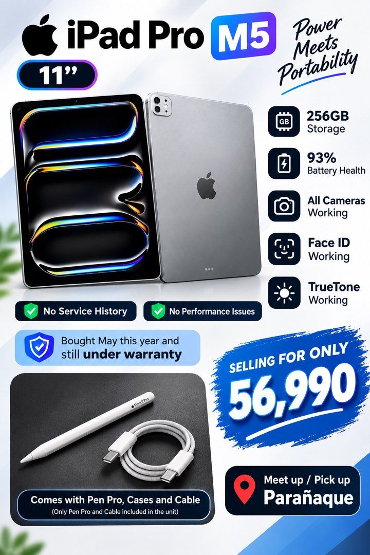 iPad Pro M5 11” w/ Pen Pro (Category: iPad) located in Paranaque City. Submitted by reyyy_star (Listing ID 1467617696, Image 1). Description: iPad Pro M5 11” 256gb storage 93% Battery Health All Cameras working Face ID working Truetone working No service history No performance issues Comes with Pen Pro, Cases and Cable Bought May this year and still under warranty Selling for only 56,990 Meet up / Pick up 📍Parañaque.
