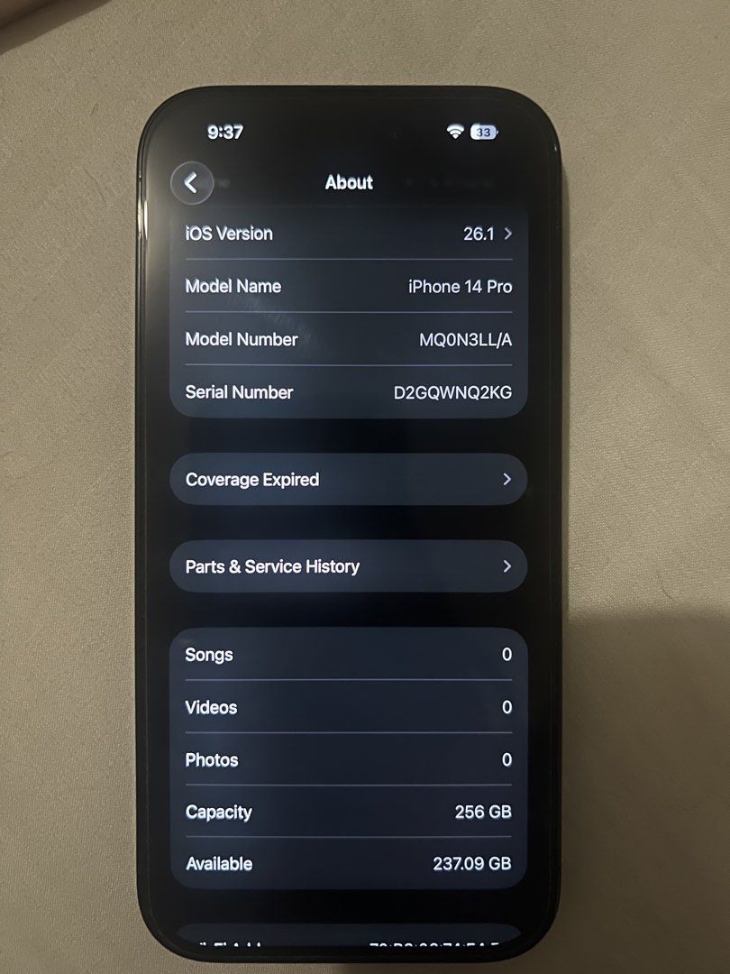 Iphone 14 pro 256gb (Category: iPhone 14 Series) located in Manila. Submitted by tk.preloved (Listing ID 1467749707, Image 3). Description: Space black, 256GB 79% batt health USA Variant, esim only No dents or scratches Never repaired Phone only no box Rfs: no longer needed .