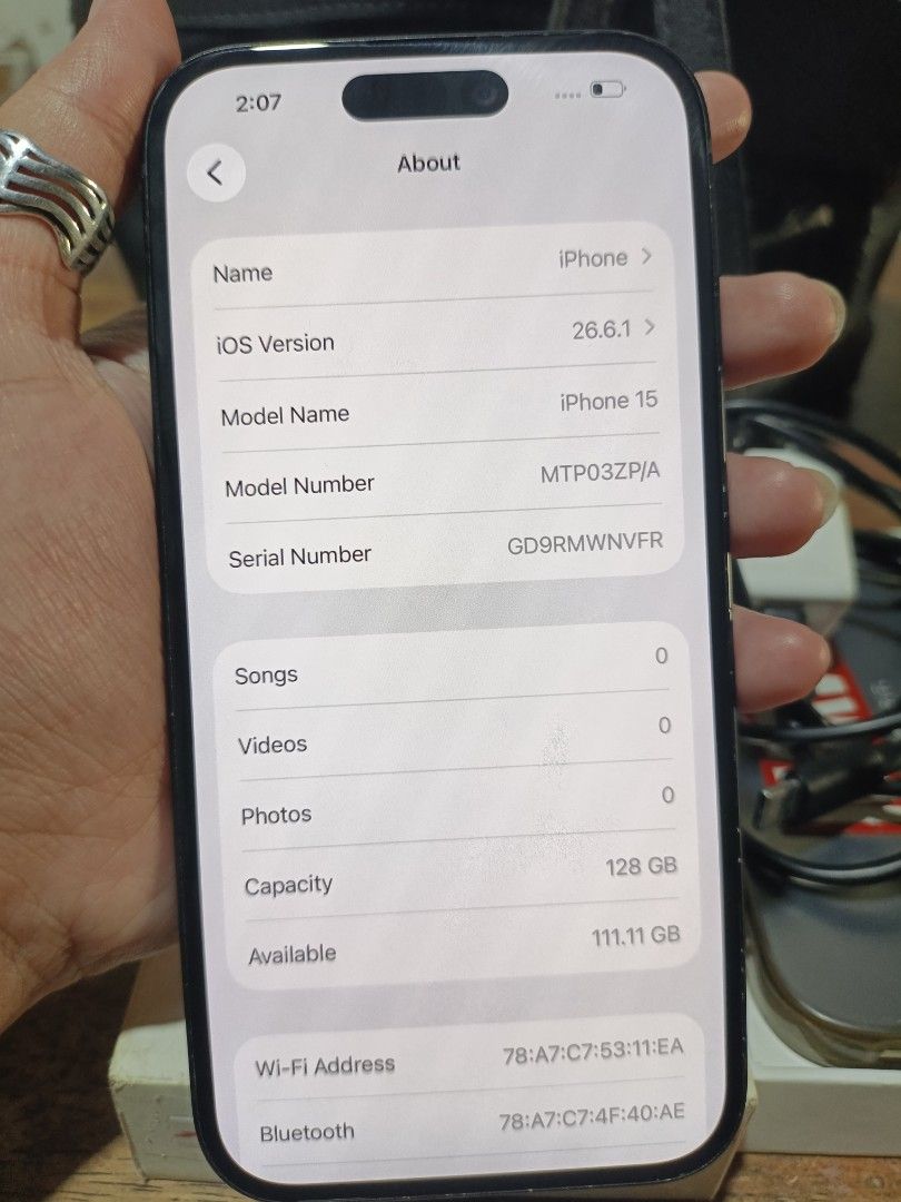IPHONE 15 (BLACK) 128GB (Category: iPhone 15 Series) located in Manila. Submitted by titaniaaa. (Listing ID 1467674594, Image 3). Description: IPHONE 15 (BLACK) - FU - 128GB - 86% BH - ZP/A LOCAL VARIANT; NTC APPROVED - ALL WORKING TRUE TONE AND FACE ID - NO HISTORY OF REPAIR - NO SIM RESTRICTIONS - NO ISSUE OTHER THAN MINIMAL PAINT CHIPS AND SMALL SCRATCH NA BARELY NOTICEABLE inclusion: orig box, ugreen charger, case unli check and unli reset up