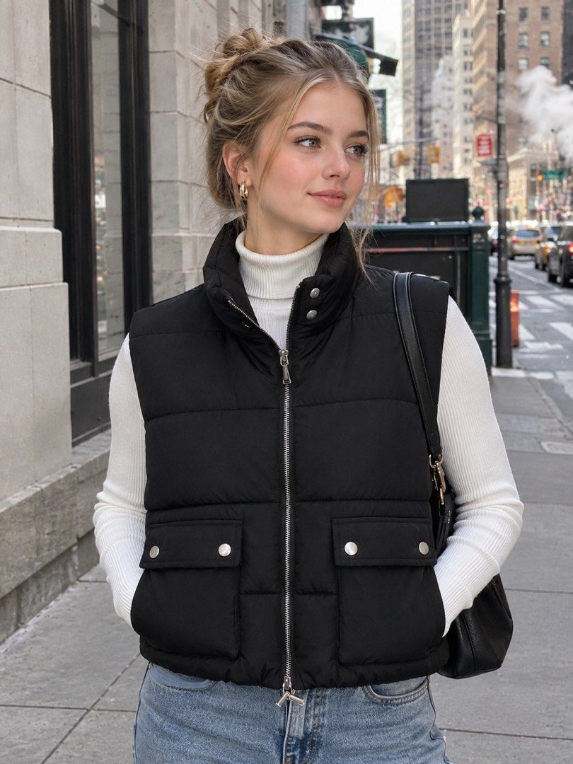 Iris Black Cropped Puffer Vest Size L (Category: Coats, Jackets and Outerwear) located in Pagsanjan. Submitted by zhairaaaaa (Listing ID 1467745978, Image 1). Description: - Brand/Model: Iris black puffer vest - Size: L - Closure: Zip-up front with snap buttons and a high collar - Pockets: Two front utility pockets with metal snap closures - Design: Classic quilted pattern throughout , cropped puffy style. - Condition: Clean inside and out, perfe