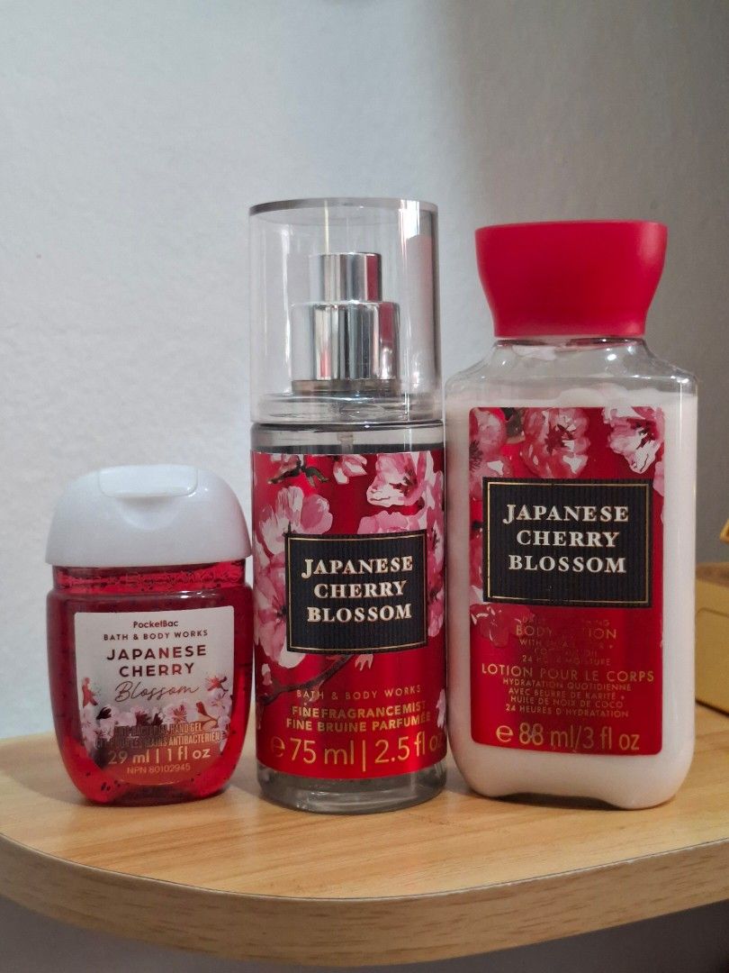 Japanese Cherry Blossom Set (Category: Fragrance & Deodorants) located in Mandaluyong City. Submitted by sishefashion (Listing ID 1467674721, Image 1). Description: Body mist lotion hand sanitizer.