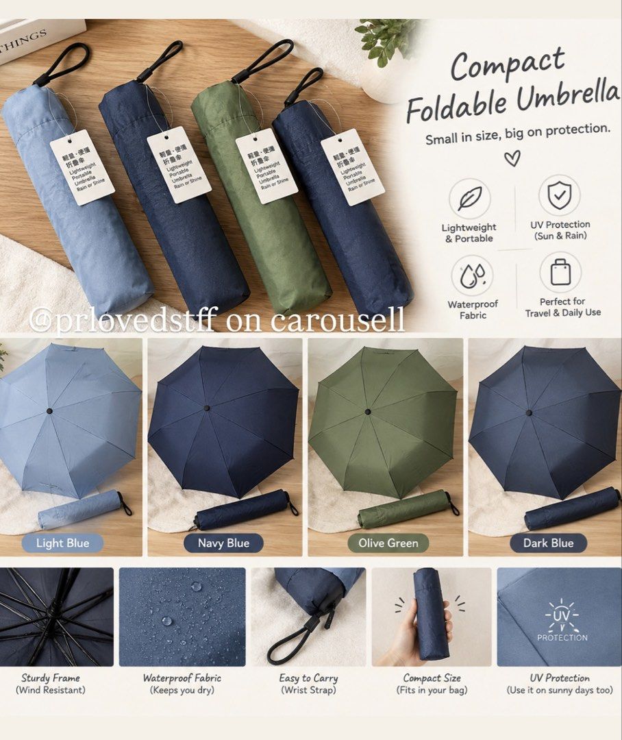 Japanese Lightweight Folding Umbrella (Category: Umbrellas) located in Manila. Submitted by prlovedstff (Listing ID 1467818482, Image 2). Description: Original item from Japan. Unused and comes with original tag. Available colors: Light Blue and Green. Price is per piece, not for all 3. Slightly negotiable. Message me for inquiries! 😊 .
